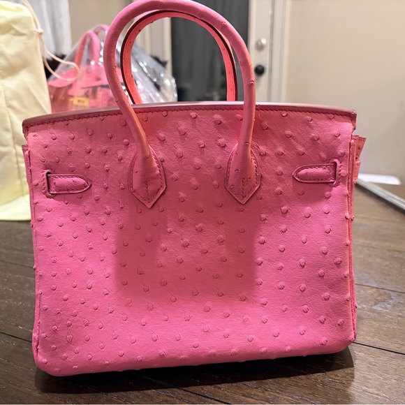 Birkin Style Bag B25 Pink Ostrich Leather Gold Hardware Made in France Purse - Picture 8 of 14